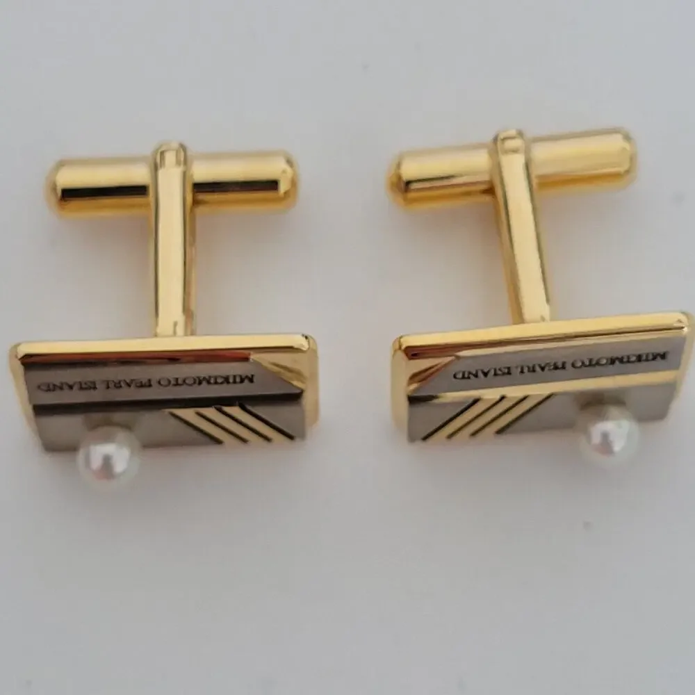 MIKIMOTO Tie Pin Bar and Cufflinks with Geniue Acoya Pearl Set Gold Silver Tone